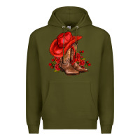 Army Green valentines day cowboy boots red  and roses Premium Hoodie - AdoDesignShop