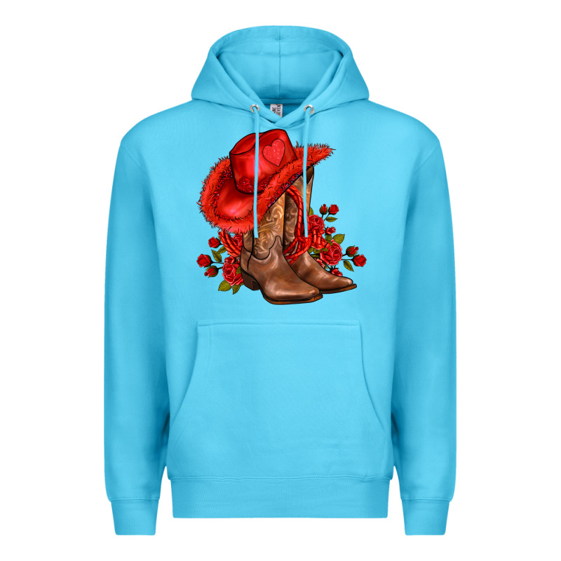 Valentines Day Cowboy Boots Red  And Roses Premium Hoodie by AdoDesignShop | Teevron