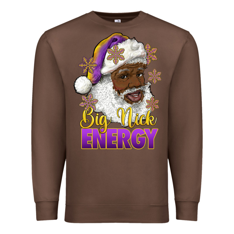 Big Nick Energy Purple And Gold Afro Santa Premium Sweatshirt by RanaPortraitStore | Teevron
