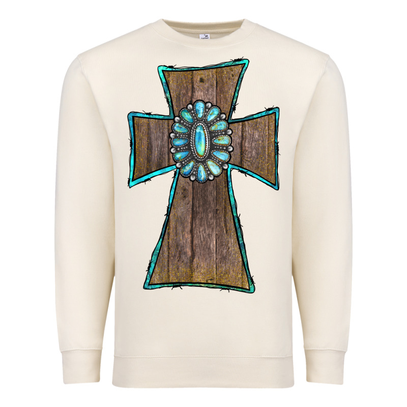 Wood Turquoise Gemstone Cross Premium Sweatshirt by RanaPortraitStore | Teevron