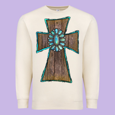 Premium Sweatshirt Wood Turquoise Gemstone Cross