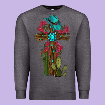 Premium Sweatshirt Gemstone Cross With Cactus