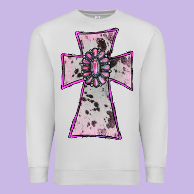 Premium Sweatshirt Cowhide Pink Gemstone Cross