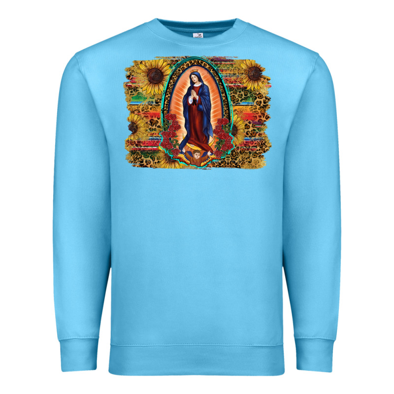 Sunflower Lady Of Guadalupe Distressed Background Premium Sweatshirt by RanaPortraitStore | Teevron