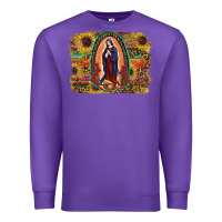 Purple Sunflower Lady Of Guadalupe Distressed Background Premium Sweatshirt - RanaPortraitStore