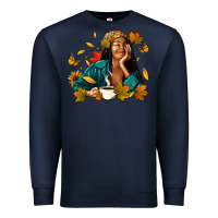 Navy Fall afro woman with coffee Premium Sweatshirt - RanaPortraitStore