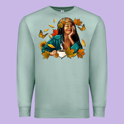 Premium Sweatshirt Fall afro woman with coffee