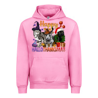 Fuchsia Pink Happy Hallothanksmas Cats Urban Hoodie - BundleAndBundleShop