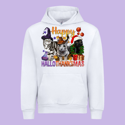 Happy Hallothanksmas Cats Urban Hoodie Designed By Bundleandbundleshop