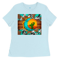 Baby Blue sunflower desert cactus turquoise crescent Ladies Tee - Artiststas