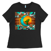 Black sunflower desert cactus turquoise crescent Ladies Tee - Artiststas