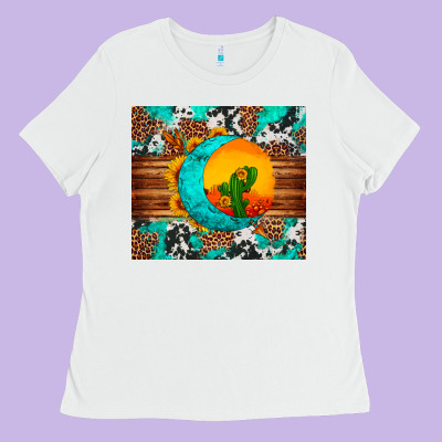 Sunflower Desert Cactus Turquoise Crescent Ladies Tee Designed By Artiststas