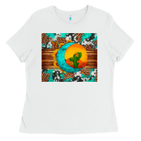 White sunflower desert cactus turquoise crescent Ladies Tee - Artiststas