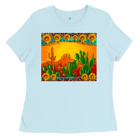 Baby Blue desert sunset with cactus sunflowers and leopard Ladies Tee - Artiststas