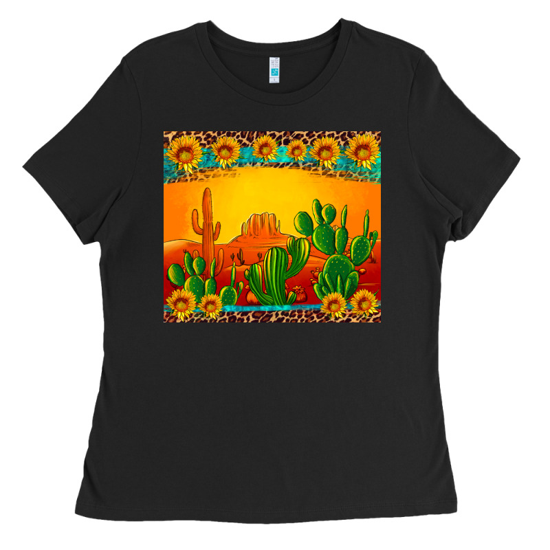 Desert Sunset With Cactus Sunflowers And Leopard Ladies Tee by Artiststas | Teevron