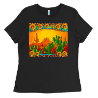 Black desert sunset with cactus sunflowers and leopard Ladies Tee - Artiststas