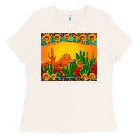 Bone desert sunset with cactus sunflowers and leopard Ladies Tee - Artiststas