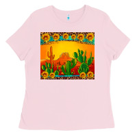 Bubblegum Pink desert sunset with cactus sunflowers and leopard Ladies Tee - Artiststas
