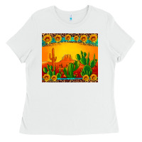 White desert sunset with cactus sunflowers and leopard Ladies Tee - Artiststas
