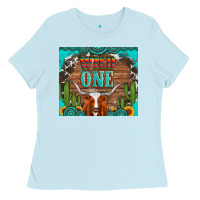 Baby Blue wild one longhorn gemstones cactus and sunflowers Ladies Tee - Artiststas