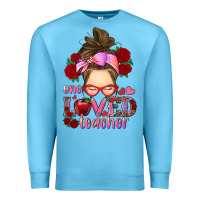 Ocean Blue one loved teacher messy bun Premium Sweatshirt - RanaPortraitStore