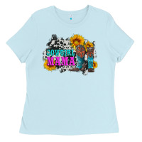 Baby Blue cowgirl mama with boots and sunflowers and cowhide Ladies Tee - Artiststas