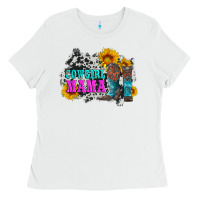 White cowgirl mama with boots and sunflowers and cowhide Ladies Tee - Artiststas