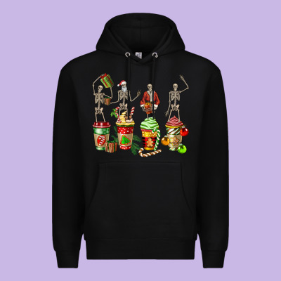 Christmas Skeleton Coffee Cups Premium Hoodie Designed By Fadigitalartstudio