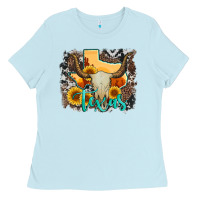 Baby Blue western texas  and cowhide with sunflower Ladies Tee - Artiststas