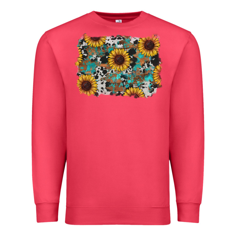 Western Sunflowers Turquoise Cowhide Background Premium Sweatshirt by RanaPortraitStore | Teevron