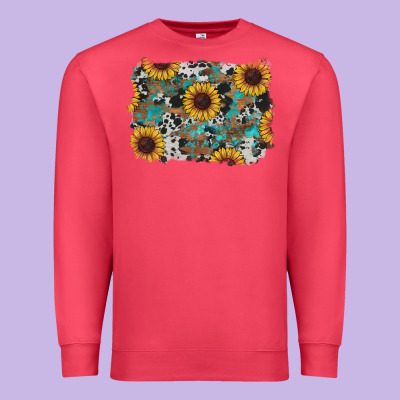 Premium Sweatshirt western sunflowers turquoise cowhide background