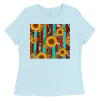 Baby Blue western sunflower cactus serape and cowhide Ladies Tee - Artiststas