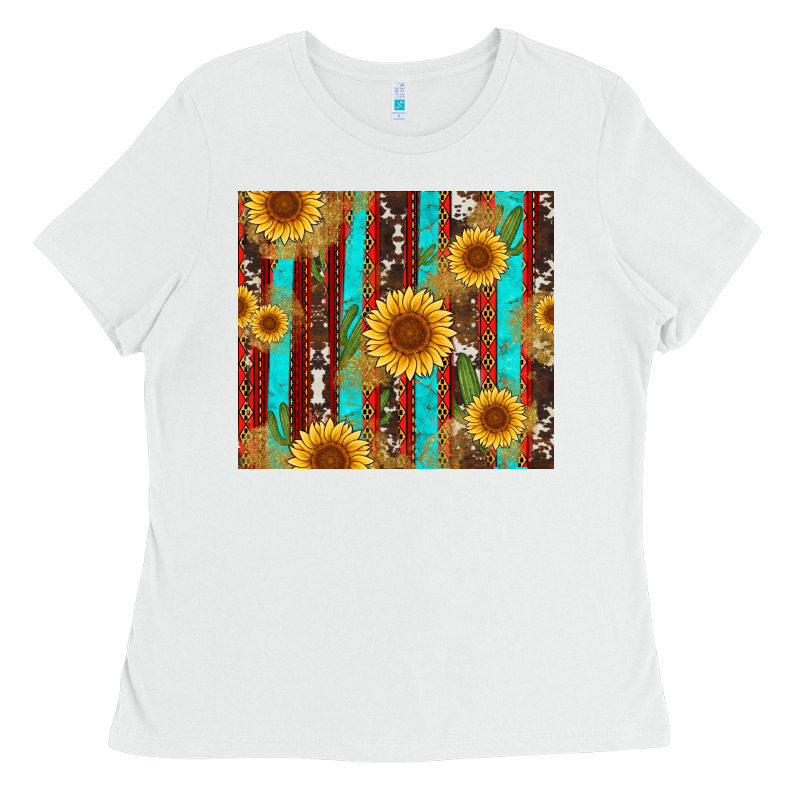 Western Sunflower Cactus Serape And Cowhide Ladies Tee by Artiststas | Teevron