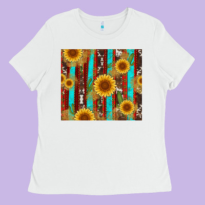 Western Sunflower Cactus Serape And Cowhide Ladies Tee Designed By Artiststas