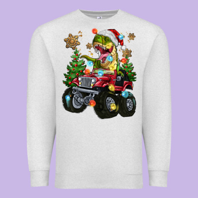 Premium Sweatshirt Christmas T-rex With Monster Truck