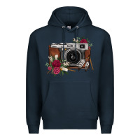 Navy floral feather vintage camera Premium Hoodie - FaDigitalArtStudio