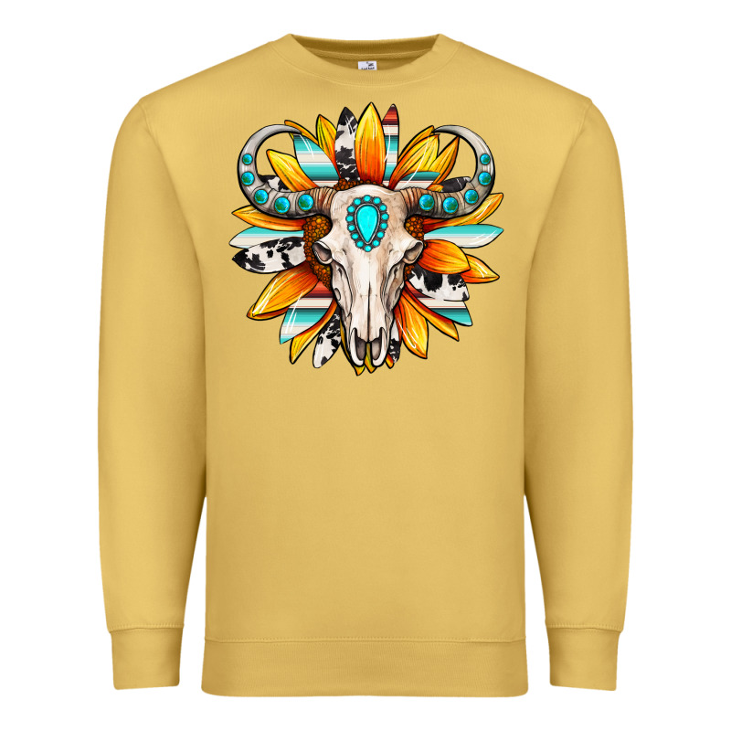 Western Bull Skull Sunflower Premium Sweatshirt by MaliasSmallBusiness | Teevron
