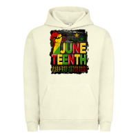 Pigment Pistachio juneteenth fist free ish since 1865 with background Urban Hoodie - HRA Design Shop