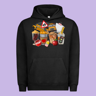 School Bus Coffee Cups Urban Hoodie Designed By Fadigitalartstudio