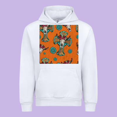 Western Cross And Bull Skull Seamless Pattern Urban Hoodie Designed By Hra Design Shop