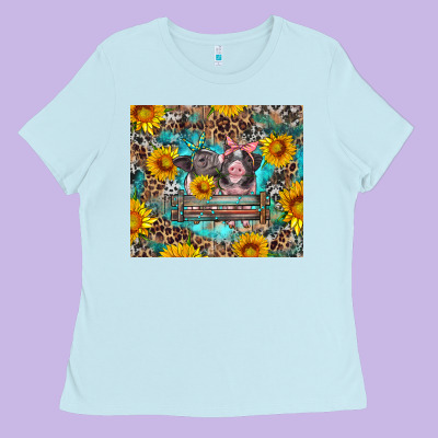 Baby Pigs With Leopard Cowhide And Sunflowers Ladies Tee Designed By Artiststas