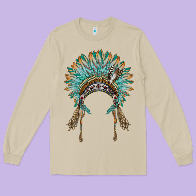 Native American Headdress Turquise Long Sleeve Tee Designed By Barkaloodesign