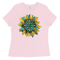 Bubblegum Pink sunflower with gemstone and cowhide Ladies Tee - Artiststas