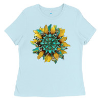 Baby Blue sunflower with gemstone and cowhide Ladies Tee - Artiststas