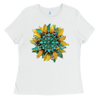White sunflower with gemstone and cowhide Ladies Tee - Artiststas