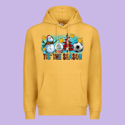Tis The Season Christmas With Soccer Ball And Snowman Premium Hoodie Designed By Fadigitalartstudio