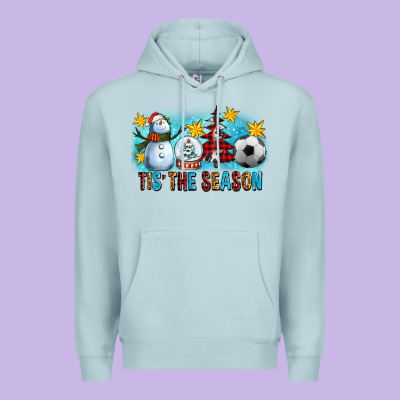 Tis The Season Christmas With Soccer Ball And Snowman Premium Hoodie Designed By Fadigitalartstudio