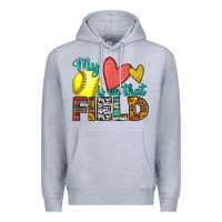 Heather Grey my heart is on that field softball Premium Hoodie - HRA Design Shop