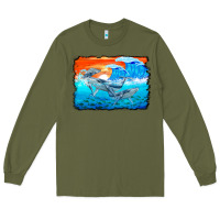 Army Green humpback whale and wave background Long Sleeve Tee - BarkalooDesign