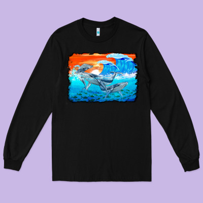 Humpback Whale And Wave Background Long Sleeve Tee Designed By Barkaloodesign